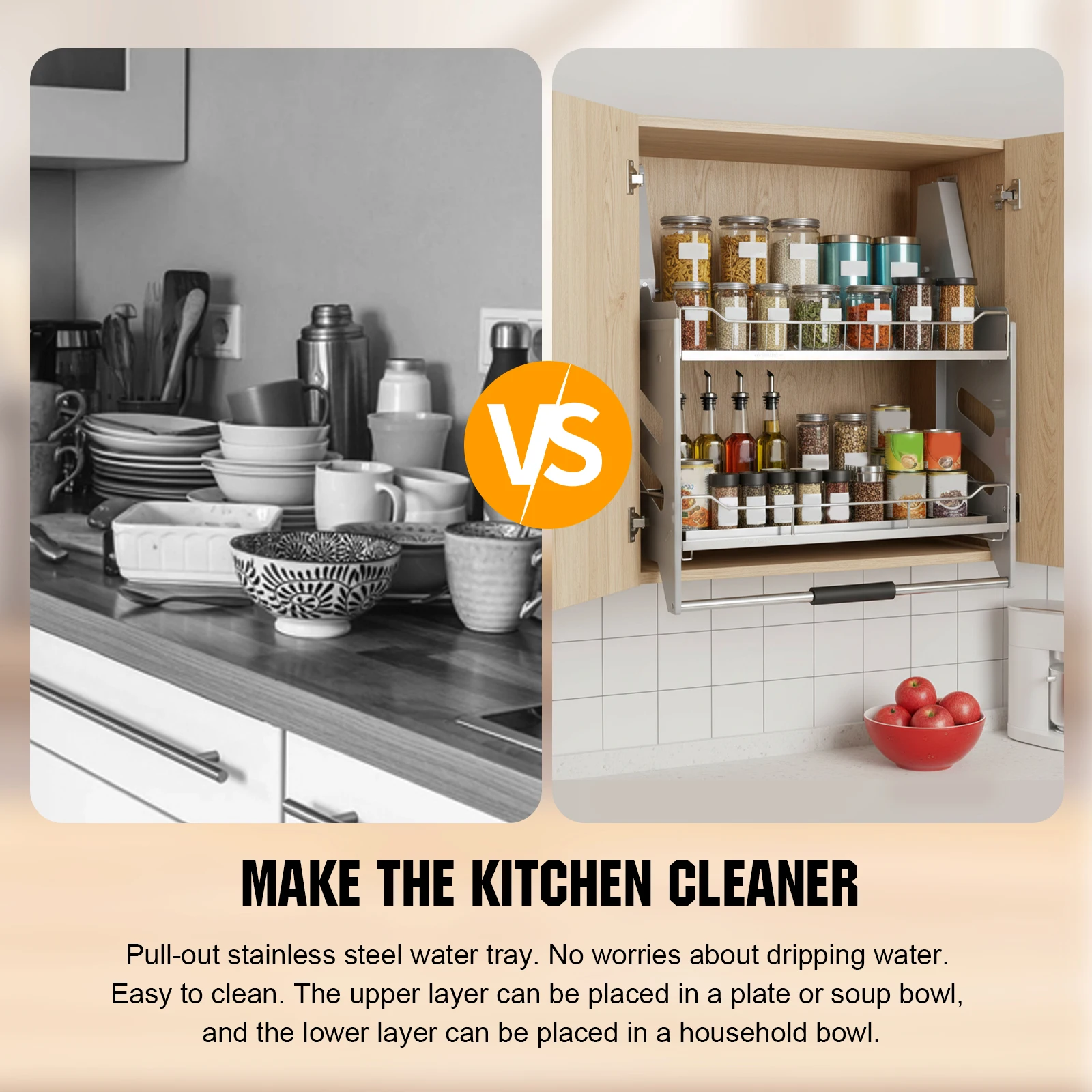 

2-Tier Pull-down Storage Lift Cabinet Cutlery Lift-up Basket Cabinet 304 Stainless Steel 22-34 Inch Width for Tall Kitchen