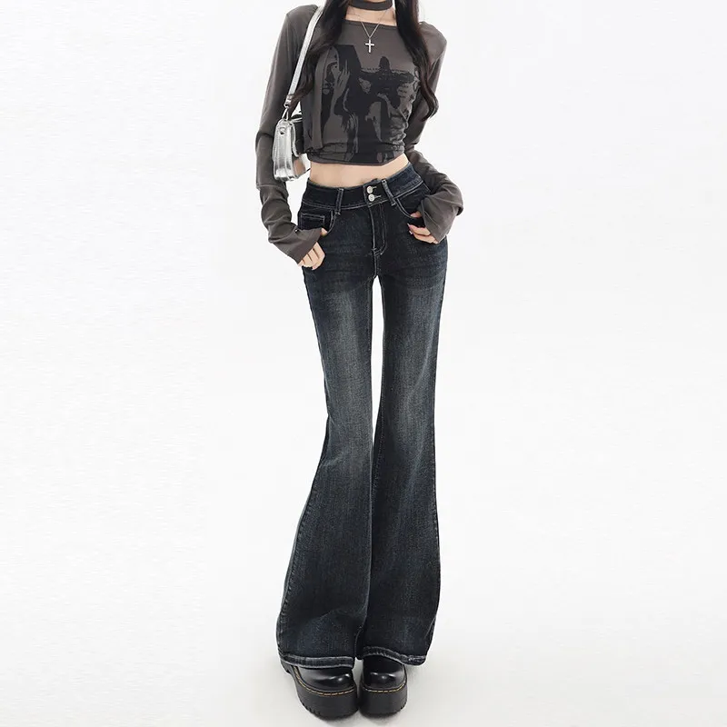 

Retro American High Waist Bell Bottom Jeans Women's Slimming Draping Floor-Length Micro Flared Denim Spring Cotton Stretch