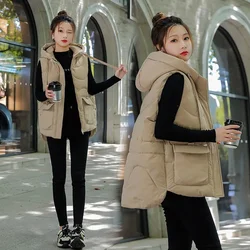 Women Hooded Vest autumn Winter new Fashion Padded Down Cotton Waistcoat thick Warm sleeveless jacket Female Loose Outwear T580