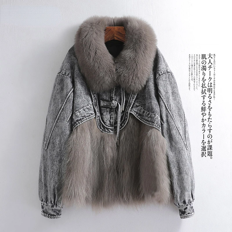 Real Raccoon Fur Coat Women Fashion Korean Short Patchwork Denim Jacket Down Jackets for Women Down Coat Female Fur Coat Zm916