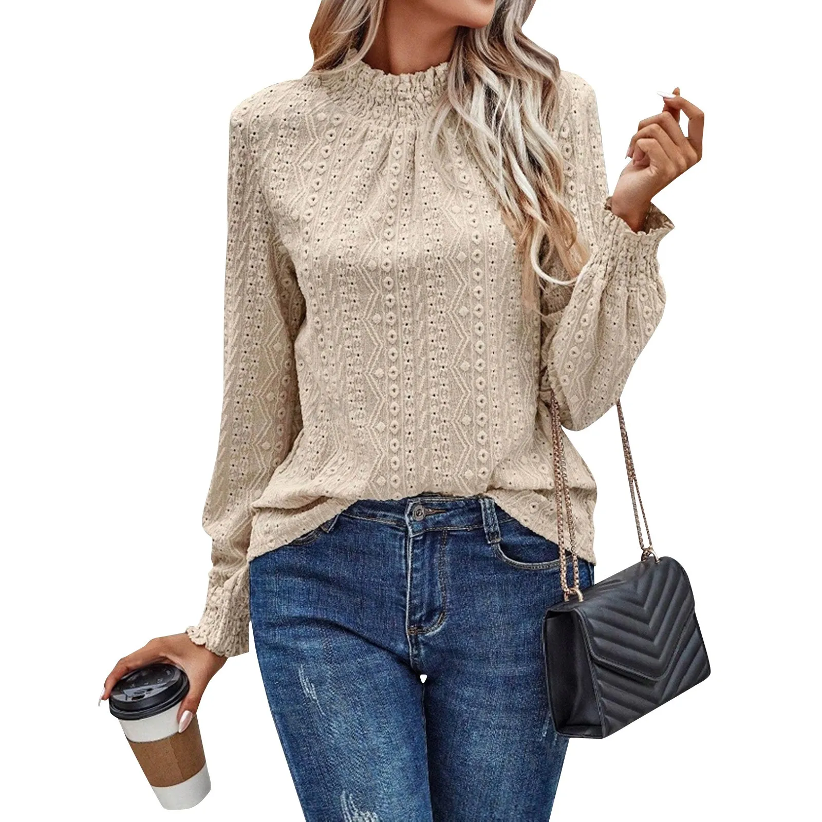 Camicetta da donna floreale jacquard girocollo con volant manica lunga arricciata top moda casual camicia da donna abito alla moda abbigliamento quotidiano