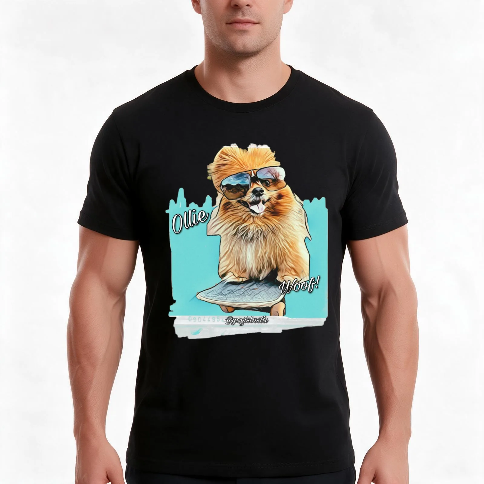 Pomeranian dog riding a skateboard T-Shirt, Summer Casual Cotton Tee, Oversized Streetwear Tops, Vintage Graphic Print