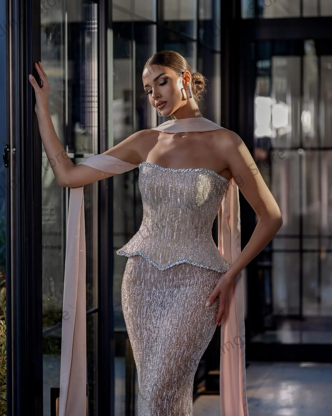 Elegante cinza vestidos de noite para mulher sem alças miçangas vestidos de fiesta brilhante lantejoulas sereia robe de soiree personalizado