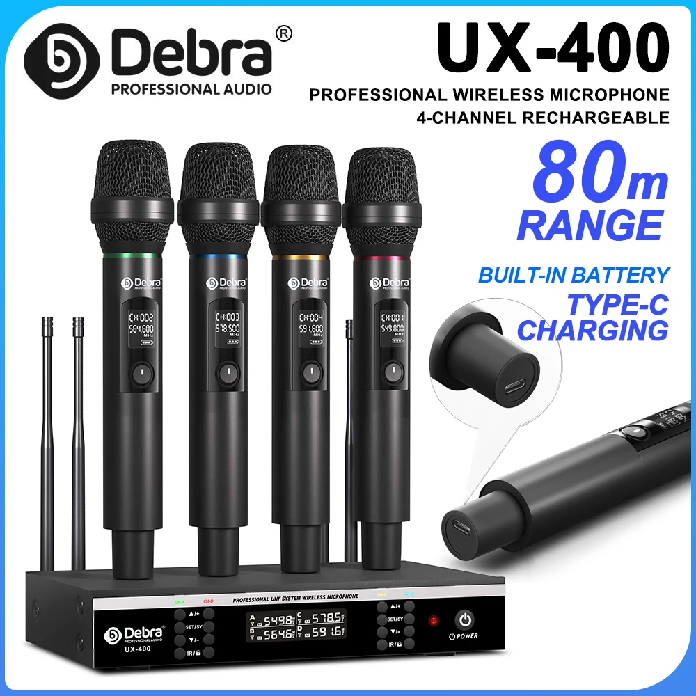 Debra UX-400 UHF 4-channel wireless handheld microphone, rechargeable microphone, 80M Transmission Distance, For Stage, Karaoke