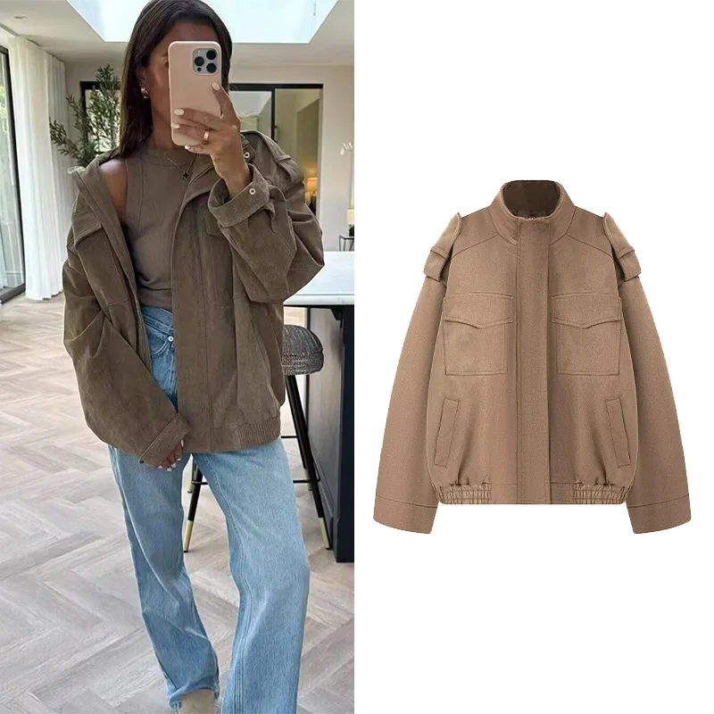 

Женская замшевая кожаная куртка на осень-зиму, простая модная куртка с длинными рукавами и высоким воротником, элегантное женское теплое пальто на молнии, шикарные женские топы