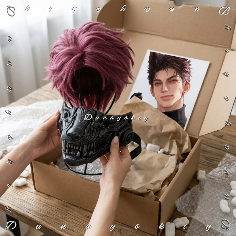 Ao Yin Reddish Purple Cosplay Short Wigs Game Love And Deepspace Valko Handsome 3D Polylactic Acid Wolf Mask Props Halloween