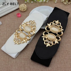 ZLY 2024 New Fashion Waistband Women Adjustable Elastic PU Leather Golden Jewel Decoration Buckle 75cm Luxury Coat Dress Style