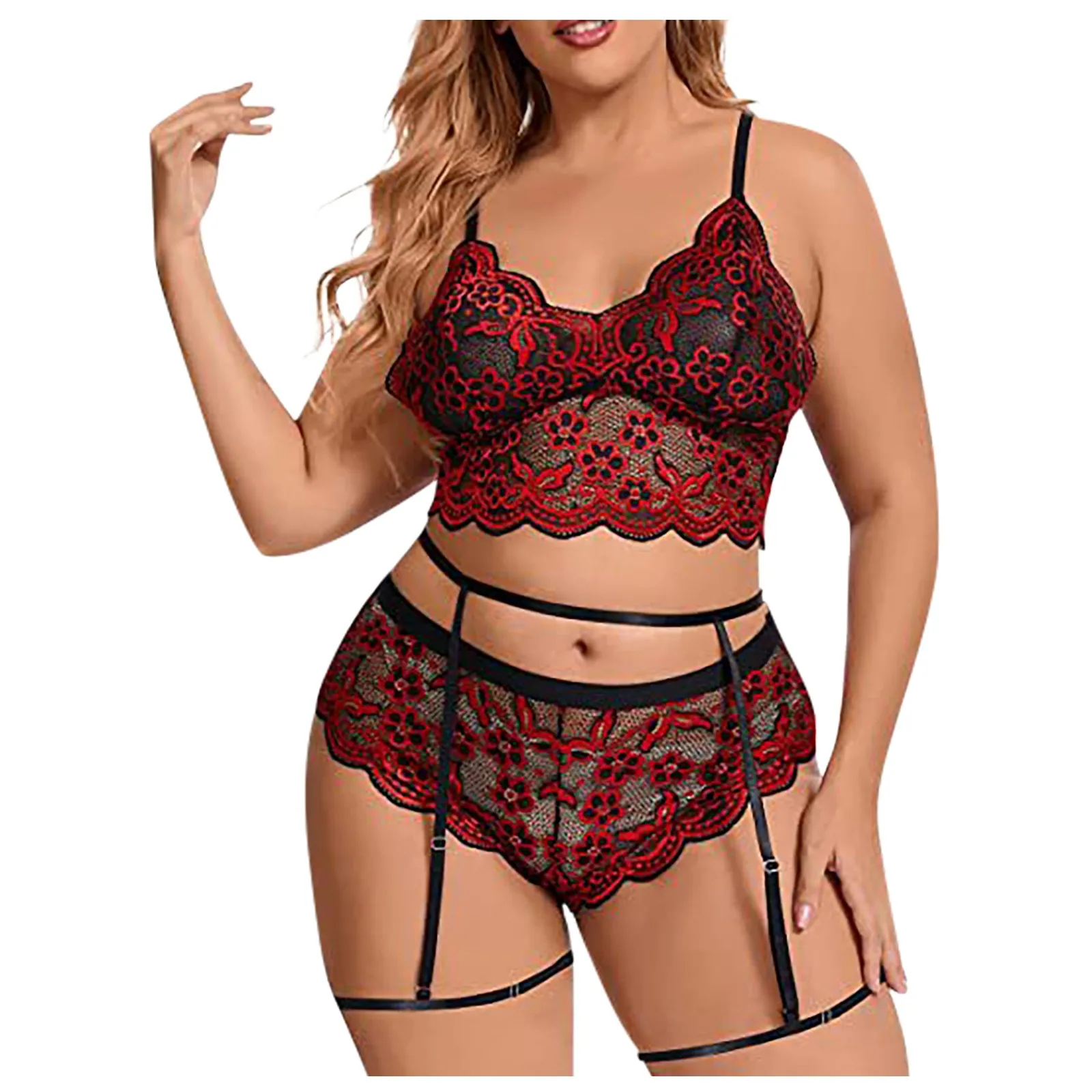 sensory mesh perspective sexy underwear Women\'s Plus Size Sexy Lingerie Lace Embroidery Three Point Three Piece Split Suit