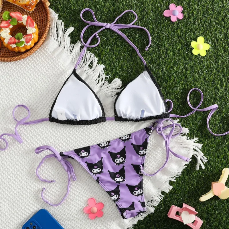 Kuromi Print Sexy Women Bikini Set 2024 Summer Sanrio Purple Swimsuit Set Casual Beach Vacation Lace Up Pure Desire Lingerie Set