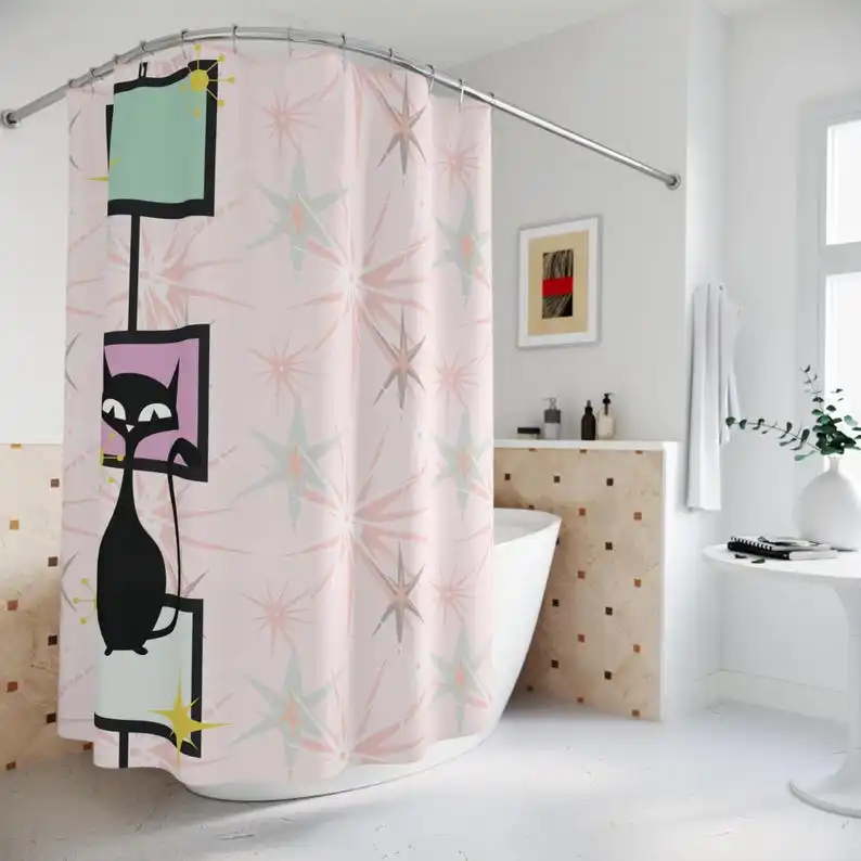 Atomic Cat Mid Century Modern Shower Curtain, Retro Starburst Bathroom Decor, MCM Atomic Age Bath