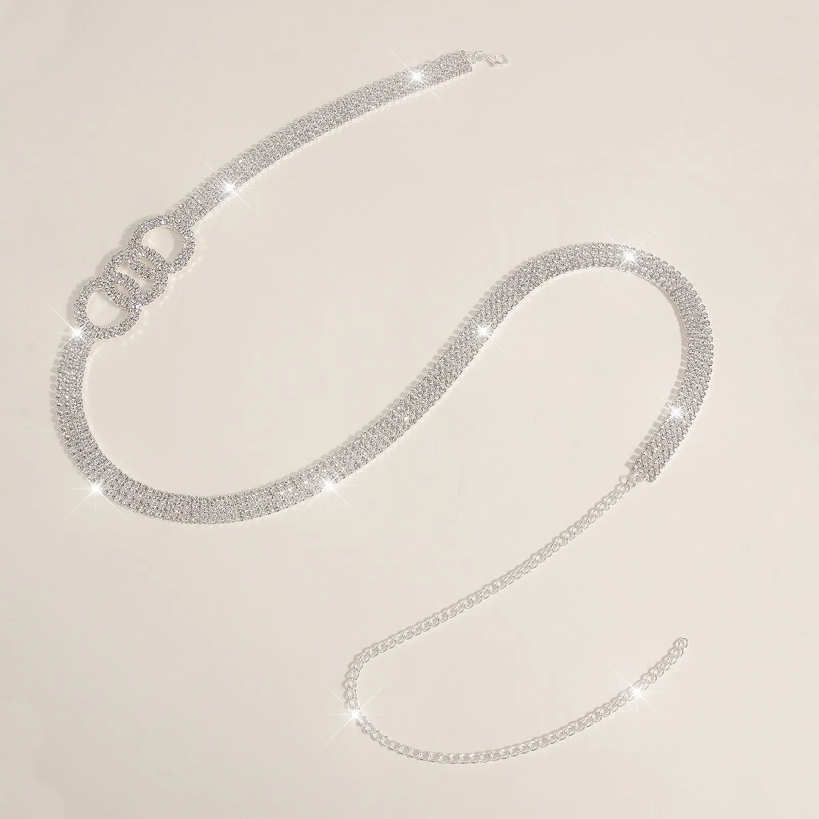 Interlocking Triple Circle Waist Chain Shiny Crystal Belt Glamorous Dress Accent Body Jewelry Ornament Gift For Girlfriend