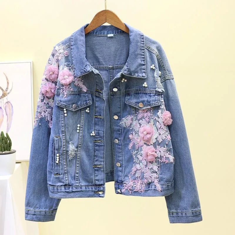 Retro Women Short Denim Jacket Fashion Embroidery Three-dimensional Flower Coat Female Single Breasted Lapels Spliced Outerwear