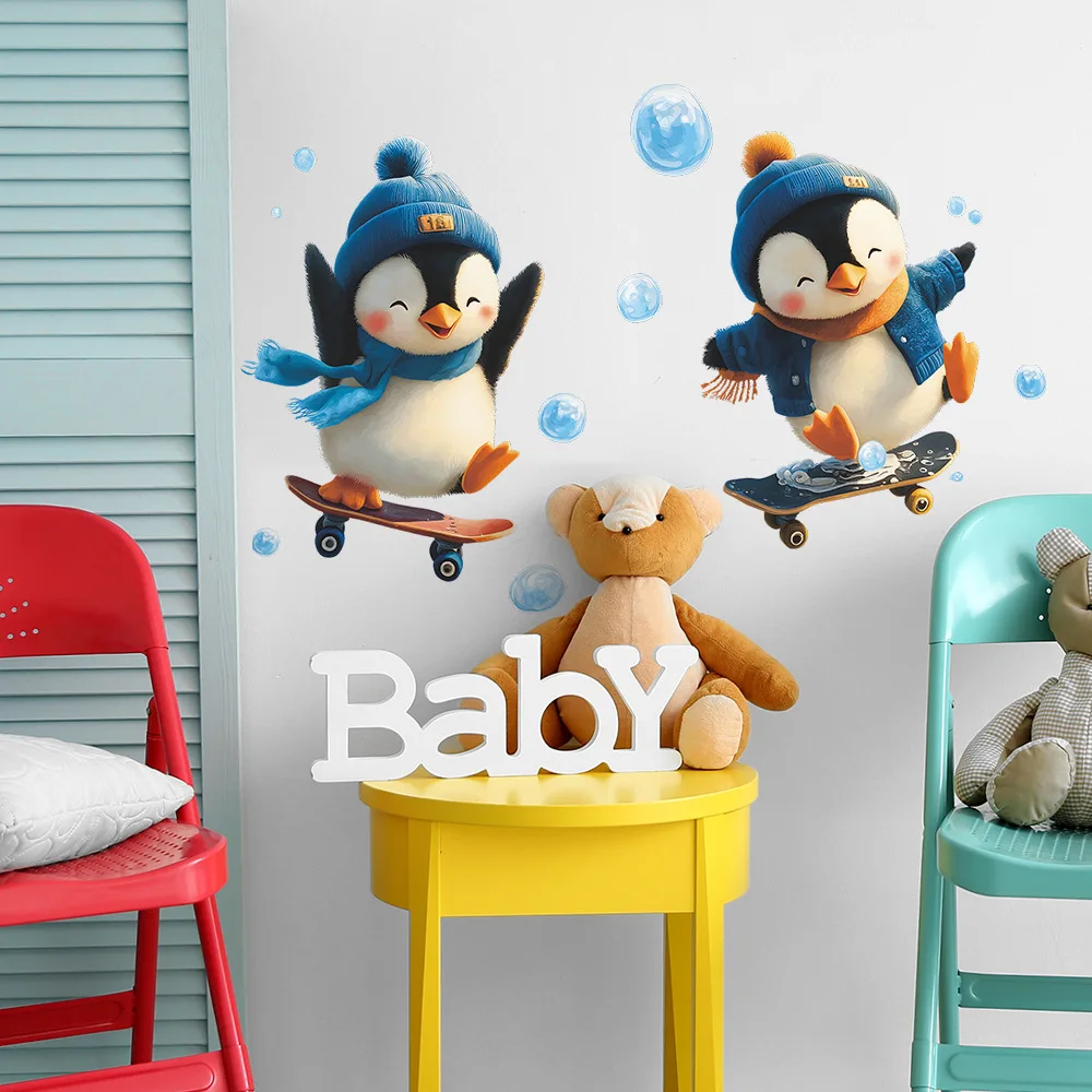 

Cartoon Penguin Skateboarding Wall Sticker For Kids Room Background Decoration Mural Children Bedroom Decor Self-adhesive Decals