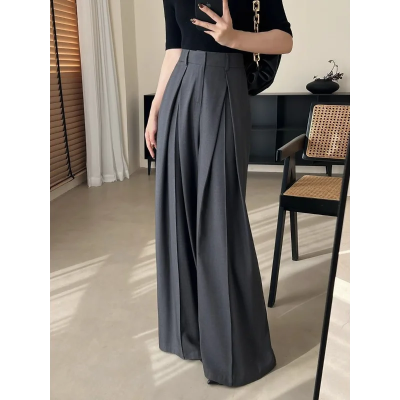 رمادي الراقية دعوى السراويل النساء في الربيع والخريف مستقيم الساق الطابق السراويل فضفاضة تغطي اللحوم عارضة السراويل #2