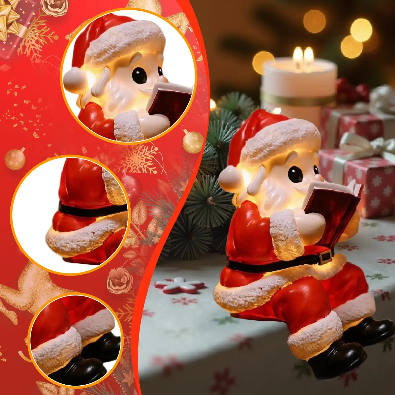Handcrafted Resin Santa Claus Ornament LED Illuminated Figure for Christmas Home Decoration Mantel or Fireplace