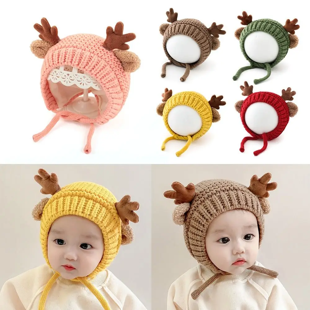 Cartoon Deer Elk Antlers Baby Knitted Hat Plush Ear Warm Christmas Hats 4-20 Months Soft Earflap Hat Autumn Winter