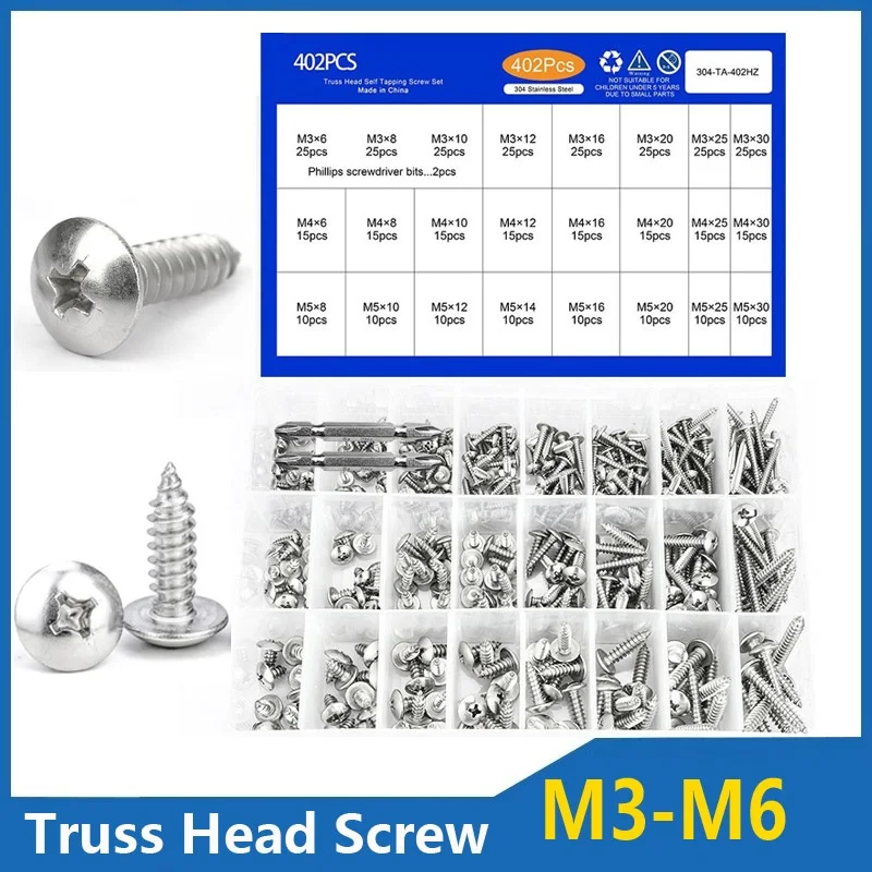 Cross Recess Truss Head Screw Set M3 M4 M5 M6 304 Stainless Steel Phillips Self Tapping Screw Kit Pan Head Wood Screw