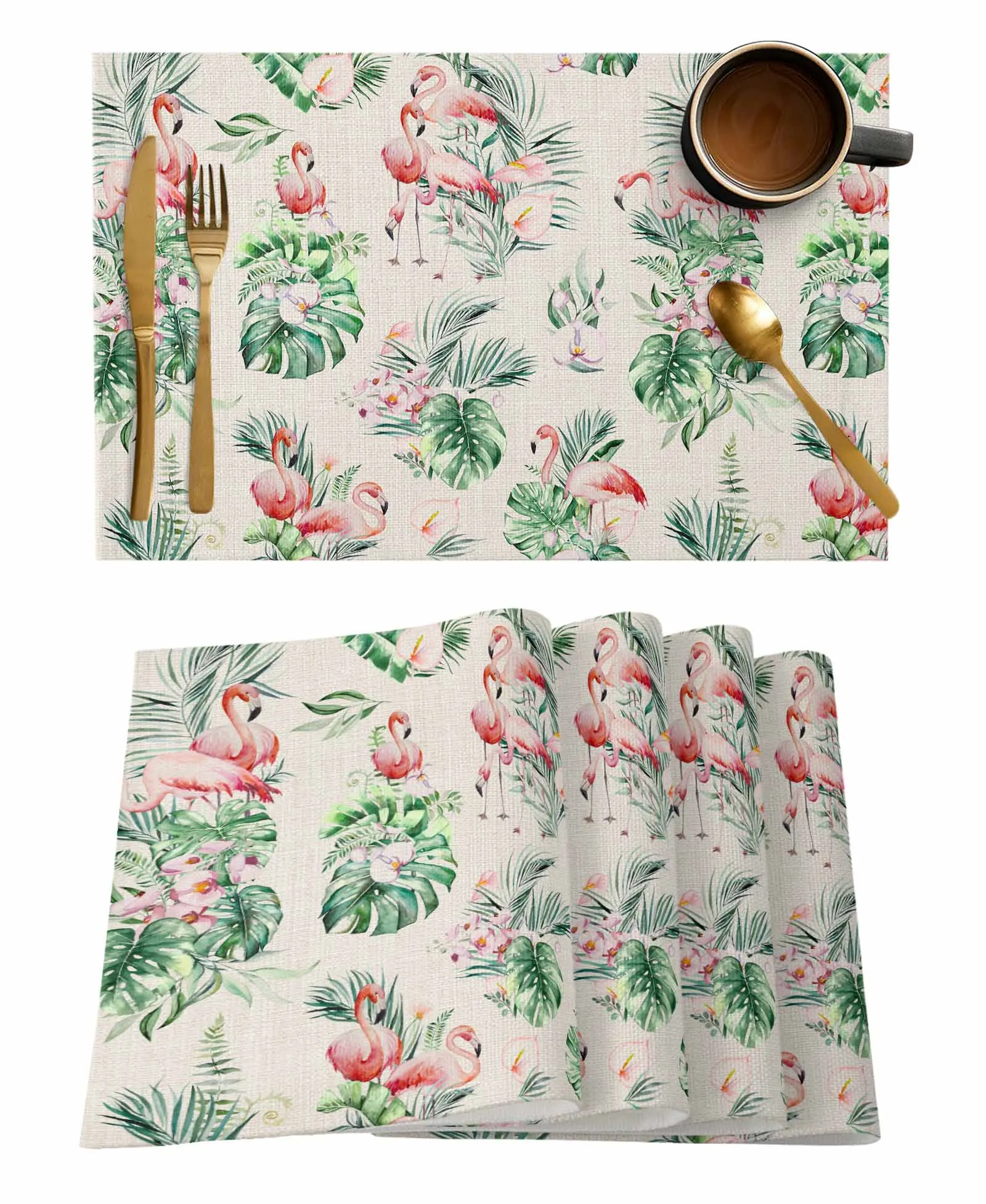 Flamingo Leaves And Flowers Table Runners For Dining Room Tablecloth 4/6 Pcs Placemats Table Cover