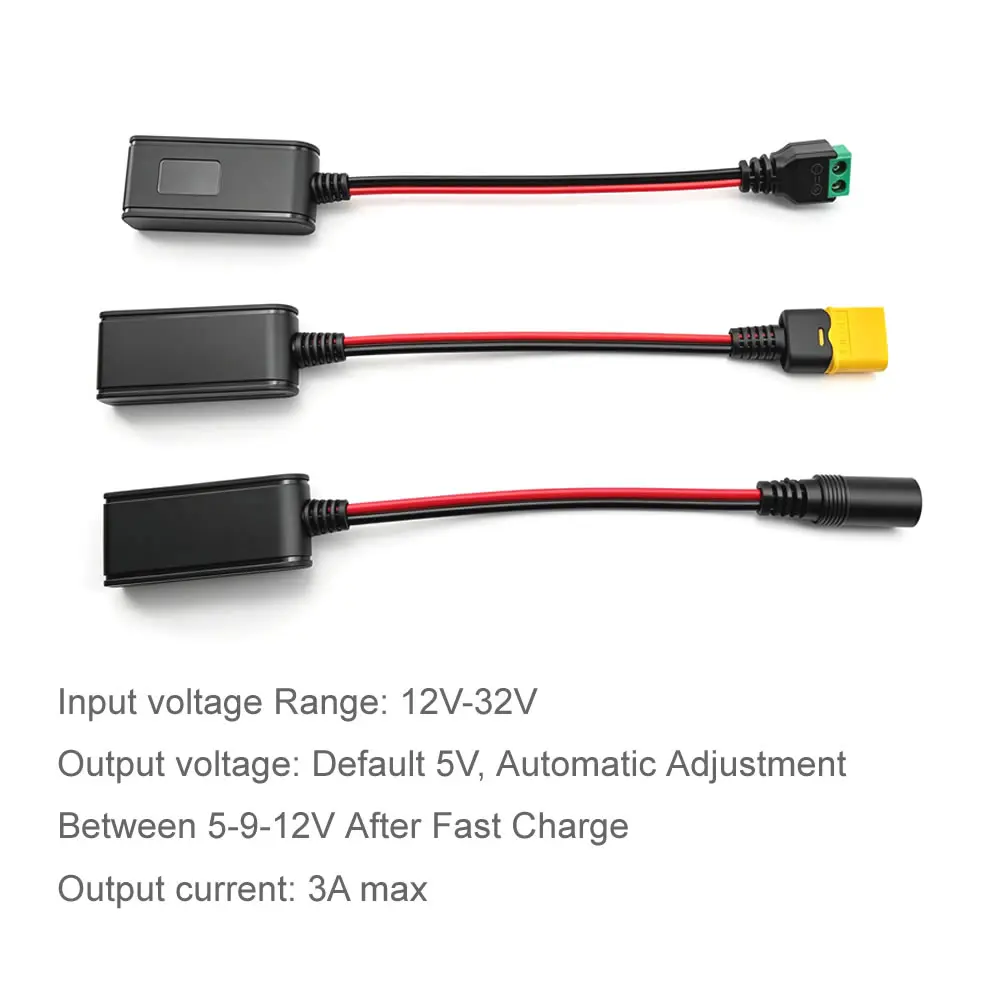 XT60 / DC5525 to USB Fast Charging Cable, 12V-32V Input with 5V 9V 12V USB Output for FPV 3-6S Battery Packs and Mobile Device