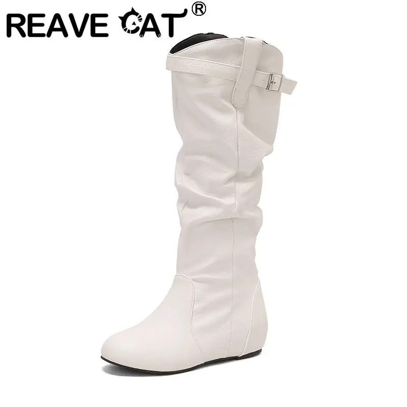 

REAVE CAT 2025 Повседневные ежедневные сапоги до колена с круглым носком, 4 см, скрытый каблук, молния, пряжка ремня, большой размер 47 49, стиль для верховой езды, черный