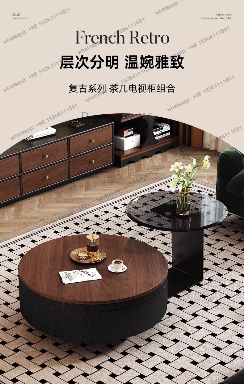 French retro ash wood TV cabinet large storage living room high-end coffee table TV cabinet