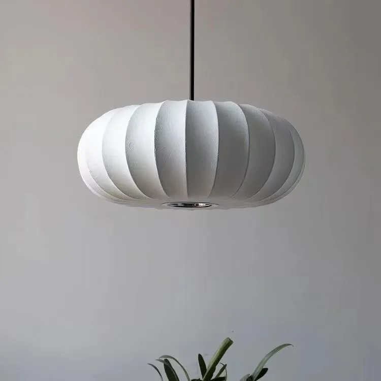 Japanese White Silk Drum Pendant Lamp Handmade Wabi Sabi Lighting Dining Room Shops Study Room Retro