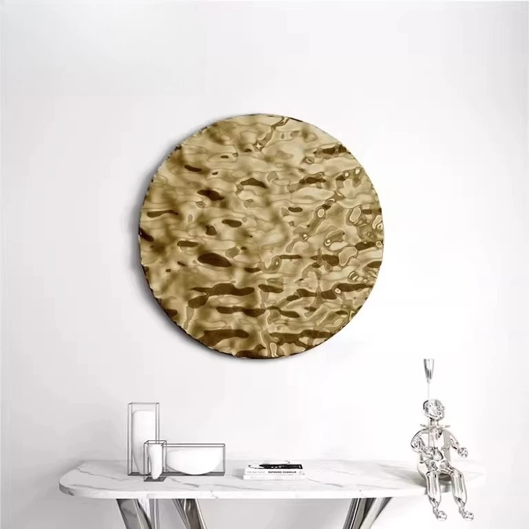 Light luxury modern metal wall decoration mirror stainless steel water wave pattern round decoration living room hotel backgroun