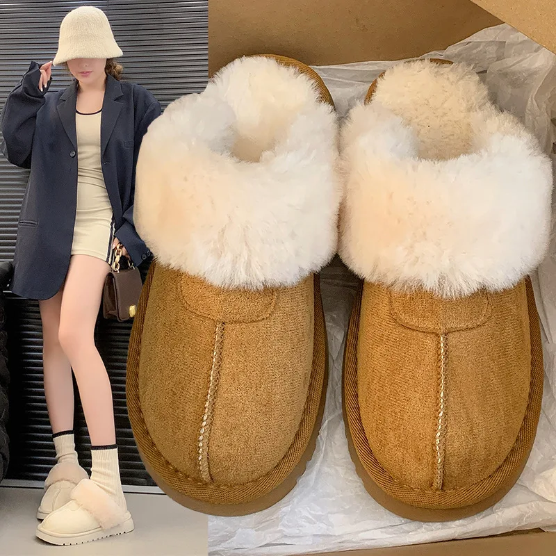 2024 Winter Warm Flat Fur Slippers Women Faux Suede Fluffy Furry Home Slides Woman Comfort Non Slip Indoor Floor Cotton Shoes