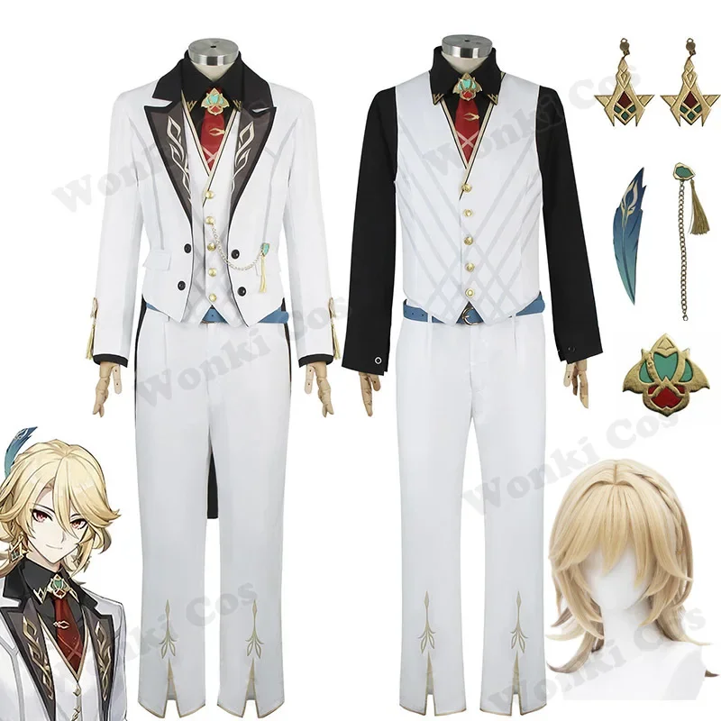 

Genshin Kaveh Cosplay Costume White Suit Wig Genshin Impact Sumeru Kaveh Cosplay Uniform Headwear Earrings Halloween Costume