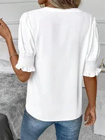 Women Summer Style Blouses Shirts Lady Casual Short Puff Sleeve V-Neck Solid Color Blouse Tops 2