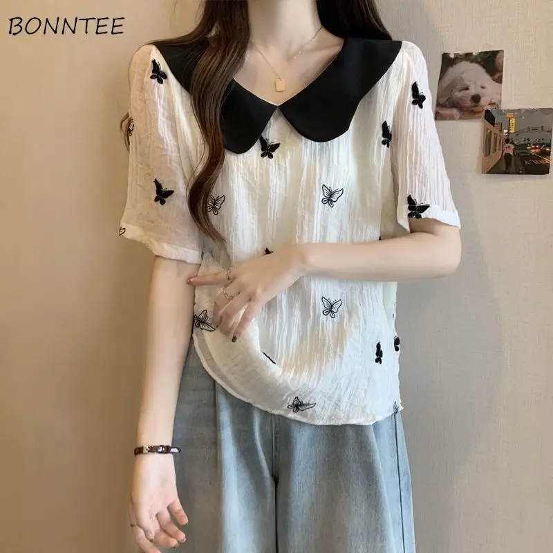 Printed Blouses Women Short Sleeve Peter Pan Collar Short Sleeve Korean Fashion Stylish Loose Tops Romantic Casual Sweet 3XL