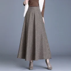 Vintage Geruite Wollen Rokken Vrouwen Winter Hoge Taille Warm A-Lijn Geplooide Rok Mode Kantoor Elegante Maxi Rok Femme