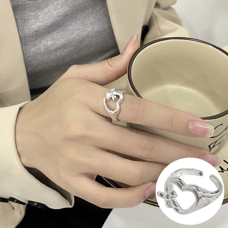 

100% 925 Sterling Silver Love Heart Open Ring for Women Girl Simple Bowknot Hollow Out Design Jewelry Party Gift Dropshipping