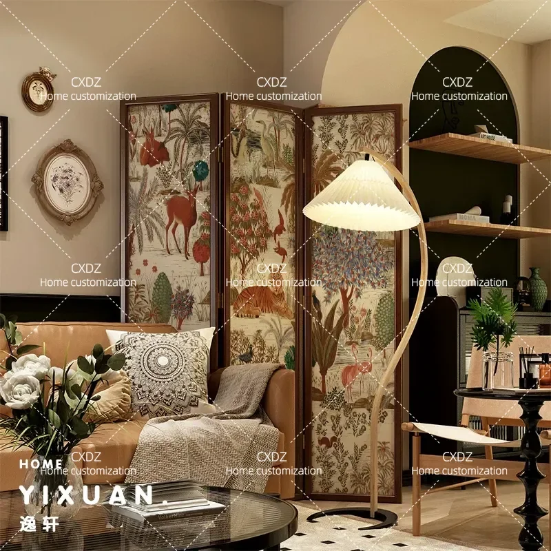 Retro Wabi Style Solid Wood Folding Screen Partition Mobile Room Divider for Living Room Bedroom Home Decor Mix and Match