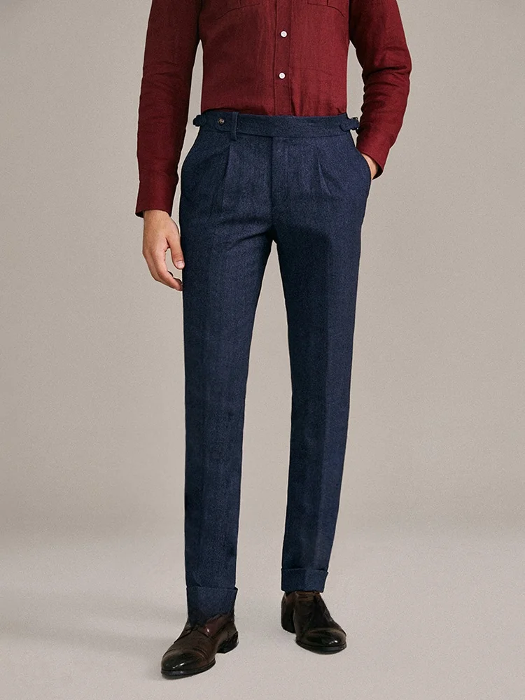 

Blue Wool Neapolitan Men's Suit Pants Paris Button Casual High Waist Spring Sle Busin Casual Long Polyester Fiber Trousers