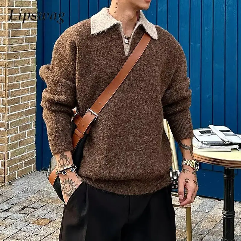 

Stylish Mens Patchwork Knit Polo Shirts Spring Fall New Casual Long Sleeve Polo Sweaters Men Vintage Contrast Color Jumper Tops