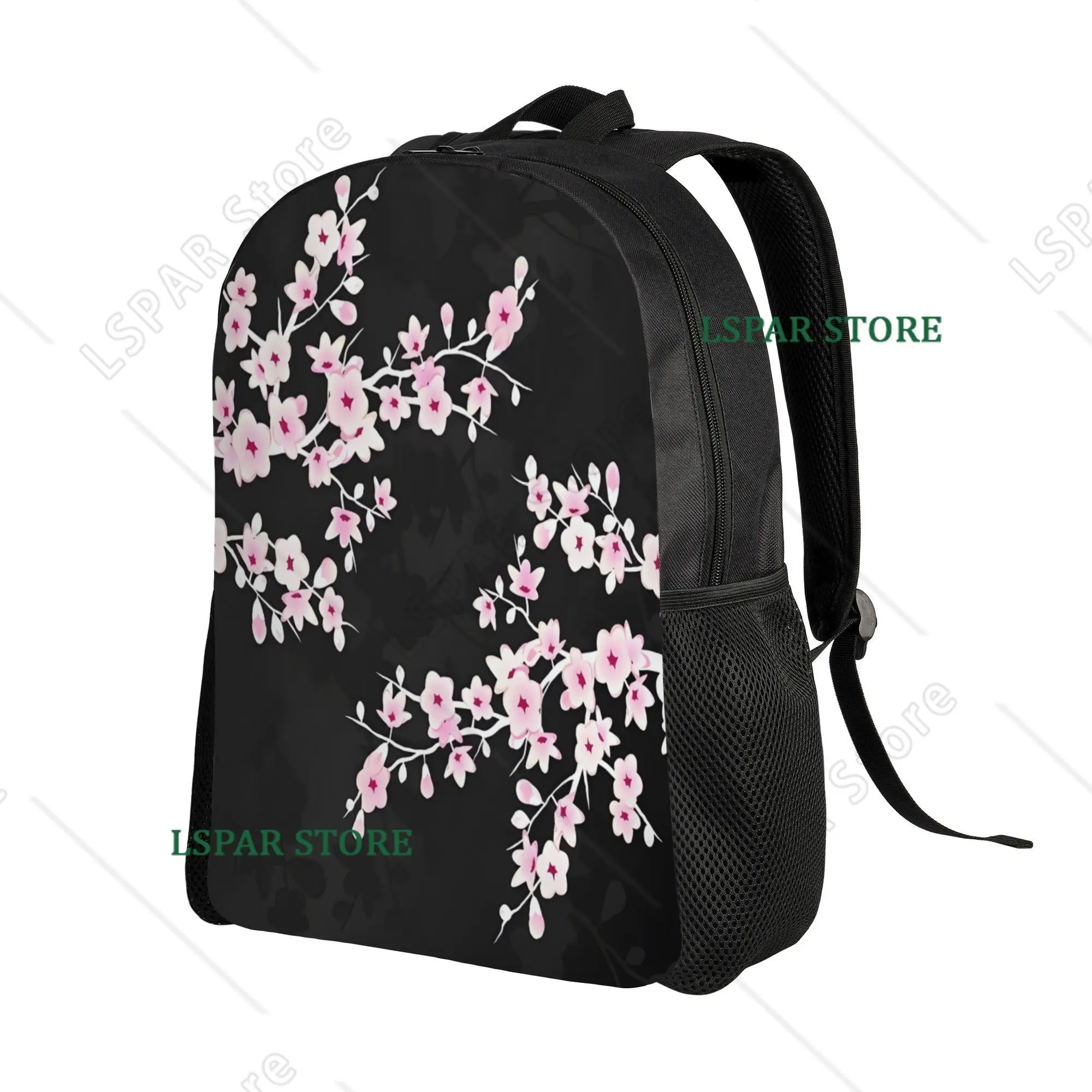 Floral Cherry Blossom Backpack in Pink and Black Featuring Adjustable Shoulder Straps Perfect for Casual Travel and Commuting