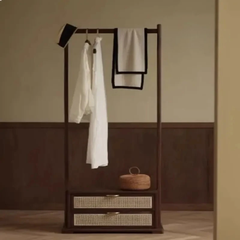 black walnut all solid wood coat rack floor-to-ceiling storage modern simple bedroom double-layer rattan