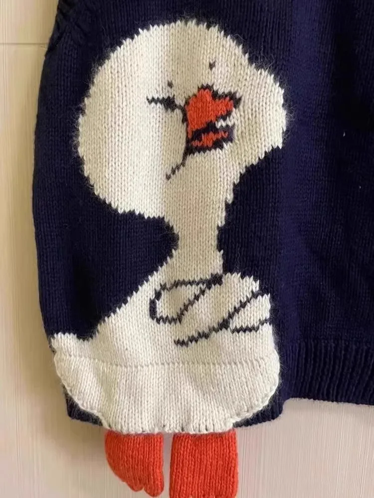 Loose Cartoon Duck Knitted Sweater Vest Black Female Style Korean Lazy Fashion Retro Design Winter Autumn Women's Fashion