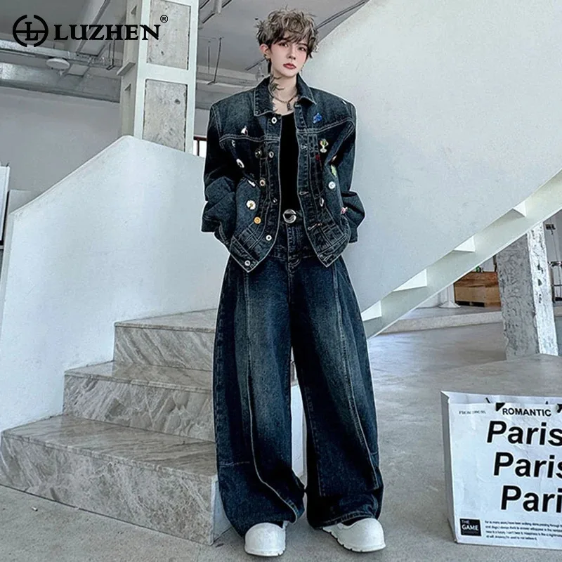 

LUZHEN Original Street Two-piece Sets Men's 2025 Autumn New Patchwork Decorate Denim Jacket Handsome Loose Wide Leg Jeans JY4140