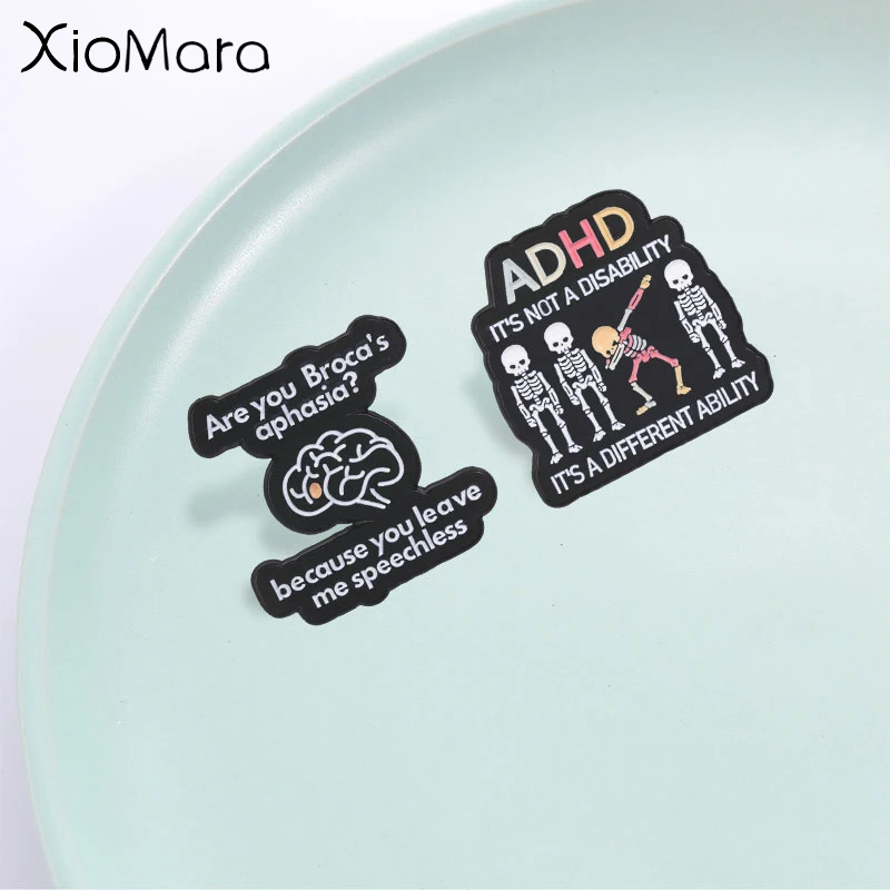 Fun Neurology Meme Badge, Broca's Aphasia and ADHD Skeleton Self‑mockery Enamel Pin, Fashion Accessory, Gift for Medical Student
