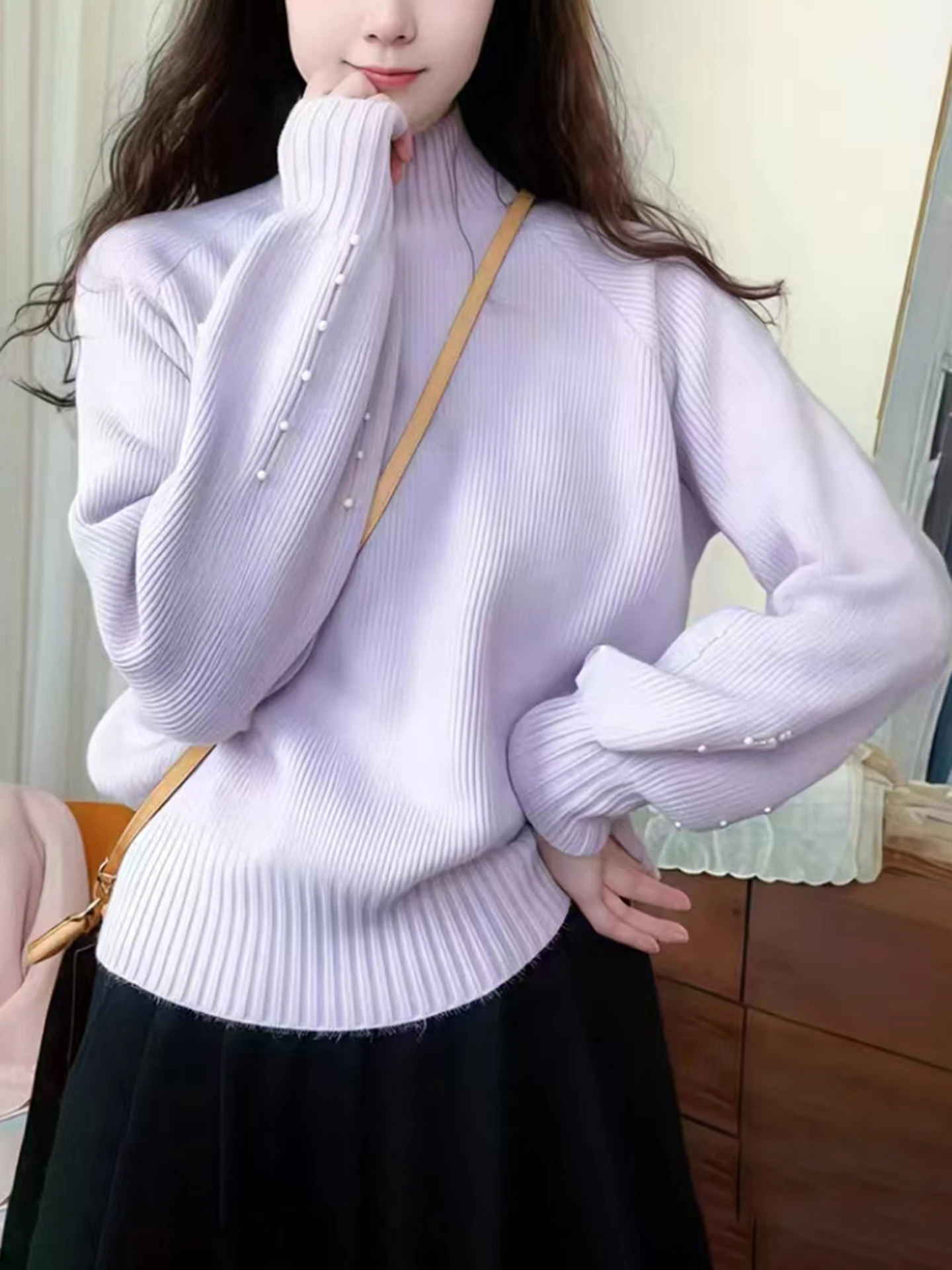 

Sweet Sle High Collar Knitted Sweater Women's Soft Plu Base Layer Pearl Embellied Sve Thiened Autumn Winter New Ar...