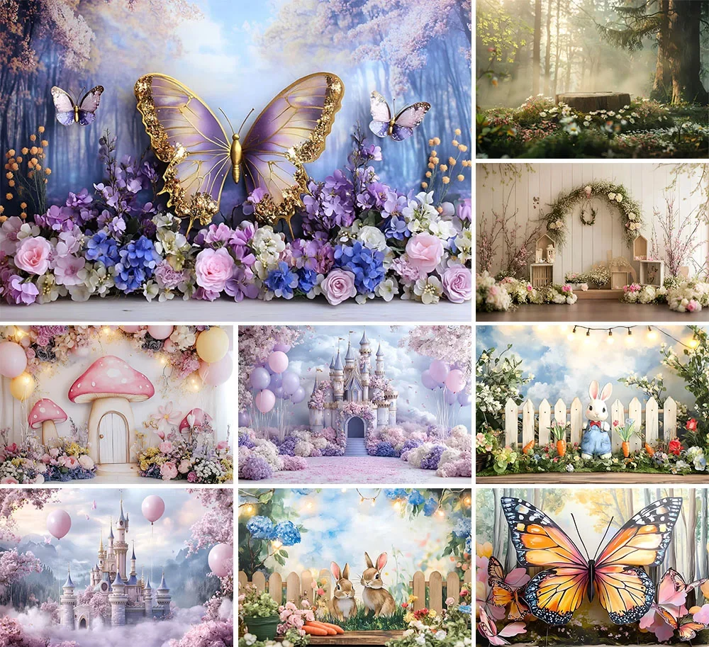 Mehofond Photography Background Spring Butterfly Castle Floral Garden Kids Birthday Party Portrait Decor Backdrop Photo Studio