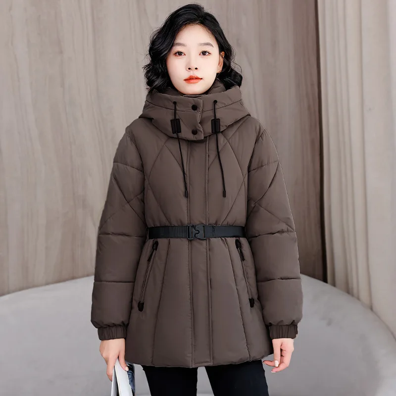 

Casual Snow Skiing Suit Parkas Winter Outdoor Hooded Coat Elegant Women Mid Length Thickened Down Cotton Thermal Jacket