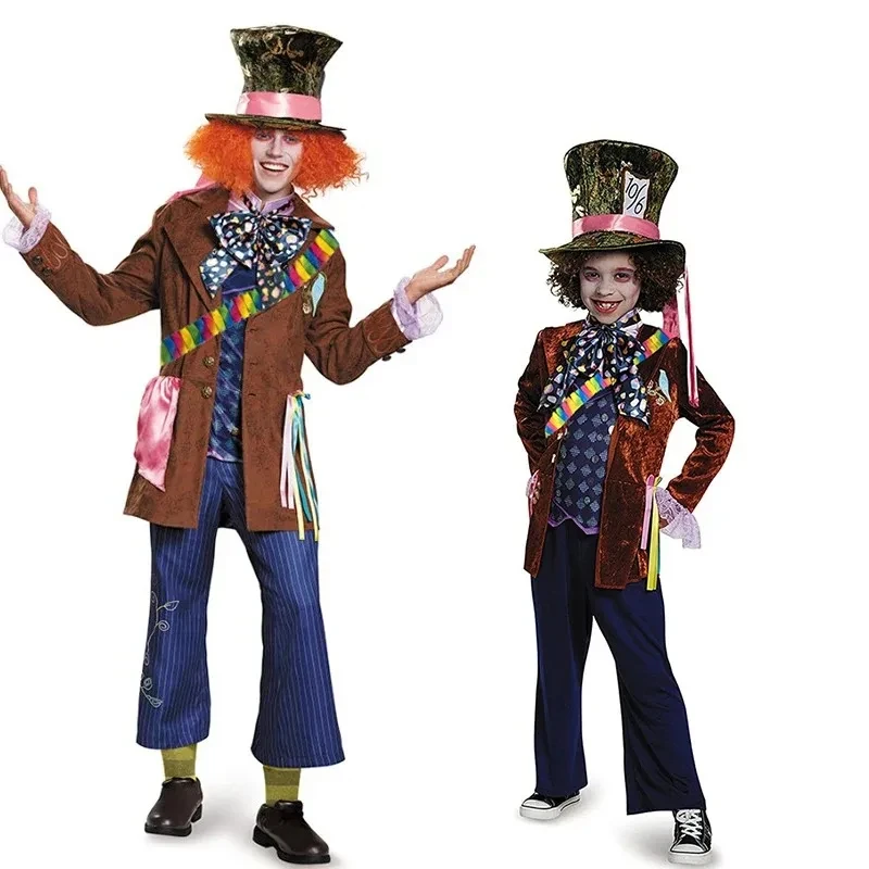 Alice Wonderland Mad Hatter Cosplay Costumes Set for Men Kids Carnival Party Outfit Suit with Top Hat Halloween Roleplay Clothes