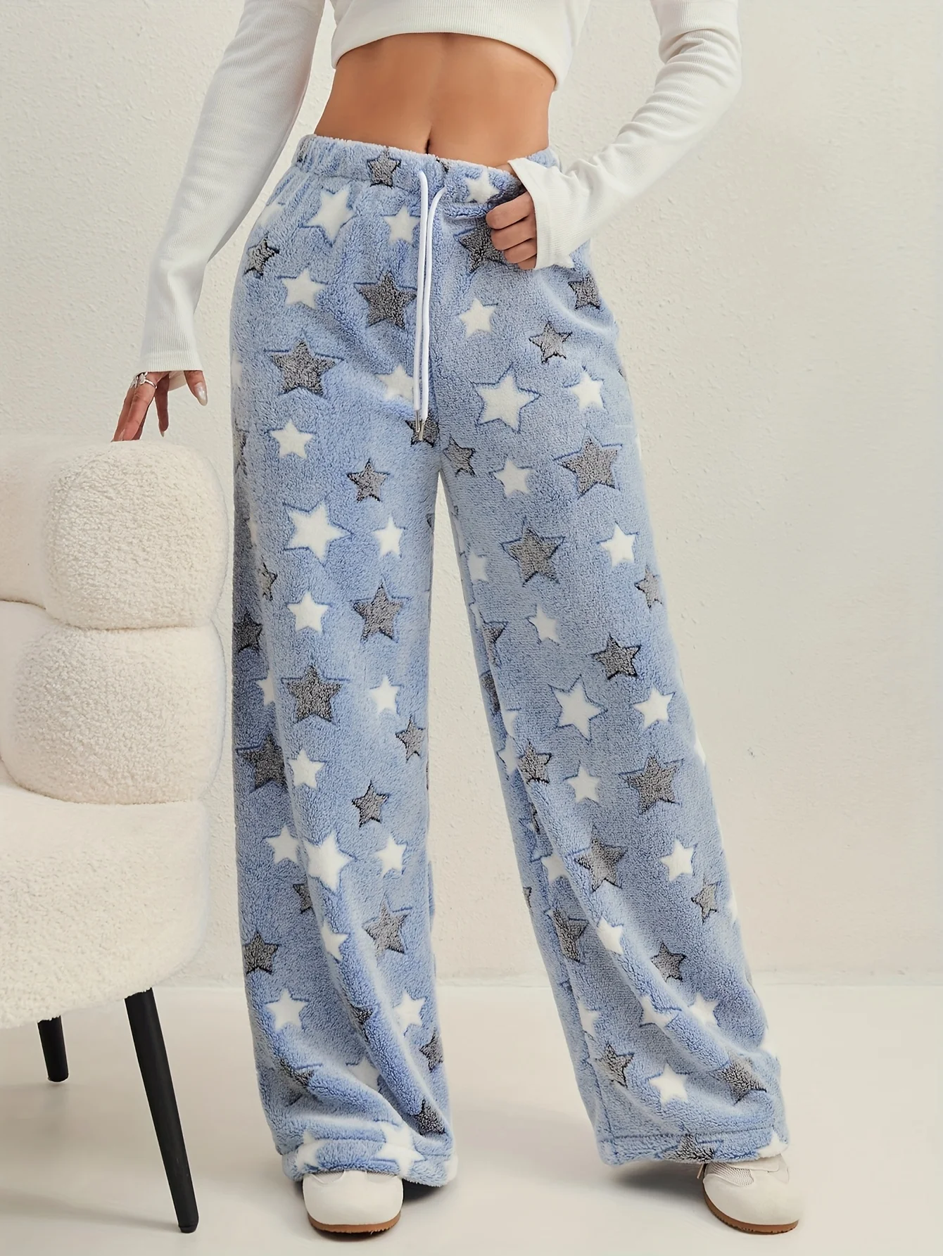 

2026 Fashion Light Blue & White-Gray Star Pattern Flannel Pajama Pants Women Home Sleep Lounge Pants Y2K Kids/Adults loose pants