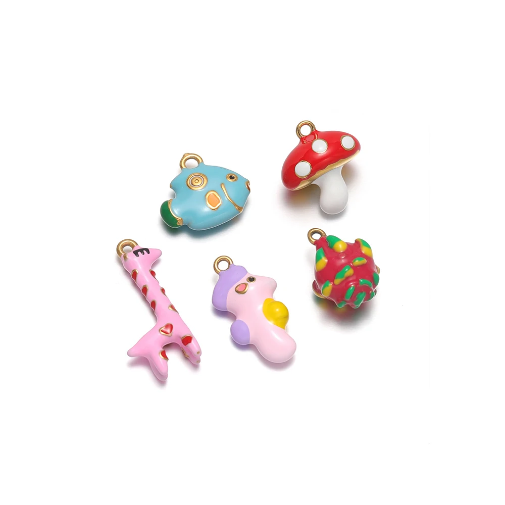5pcs Cute Fruit Mushroom Pendants Stainless Steel Giraffe Fish Charms DIY Jewelry Making for Earrings Necklace Clothing Supplies