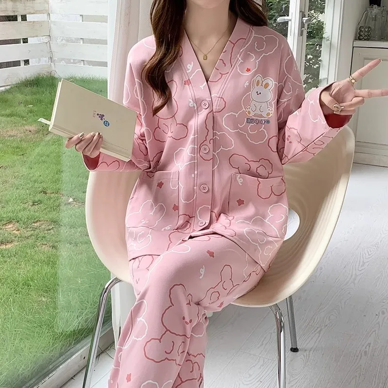 Korean Women Pajamas Sets Autumn Spring New Cotton Sleepwear Casual Kimono Pijamas Sets Leisure Loungewear Homesuits Dropship