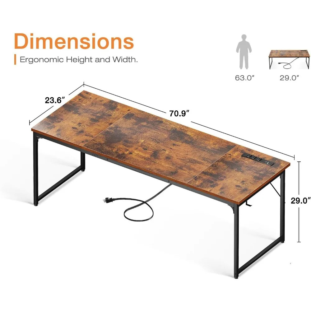 Coleshome 71 Inch Computer Desk with USB Ports, Large Office Desk, Long Study Student Writing Desks, Rustic Brown,Executive Desk