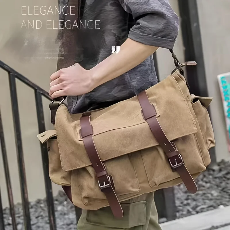 1pcs Reinforced Flap Wide Strap Washed Canvas Crossbody Shoulder Bag Divided Pockets Large Satchel for Outdoor Travel Daily Use